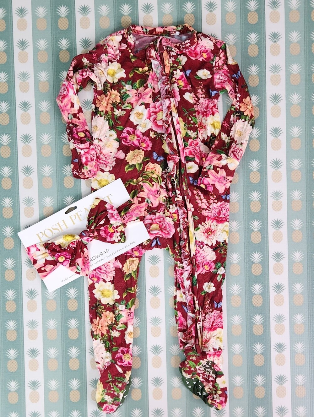 Posh Peanut Burgundy Floral Footed Pajama Set with Matching Headwrap